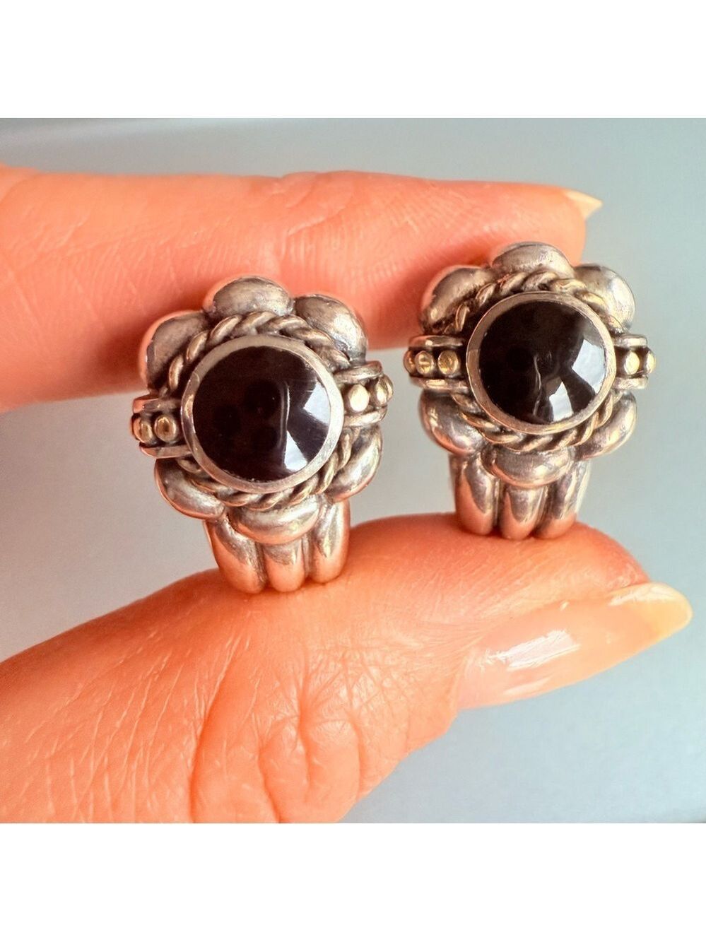 Chunky Onyx Two Tone Sterling Silver Dot & Cable Wire Design Earrings Vi…